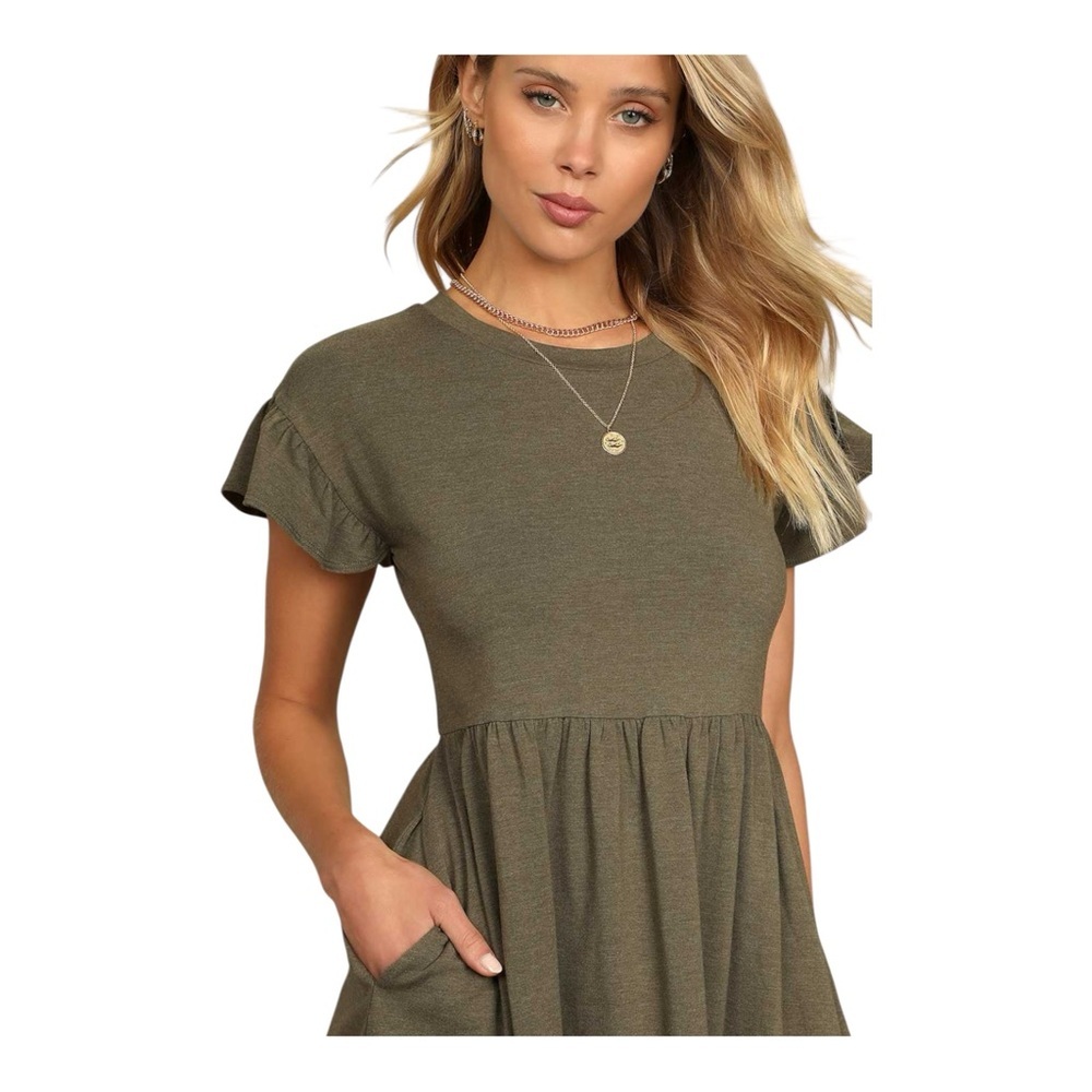 Lulus Olive Green Tiered Babydoll Dress Pockets XL - Picture 3 of 9